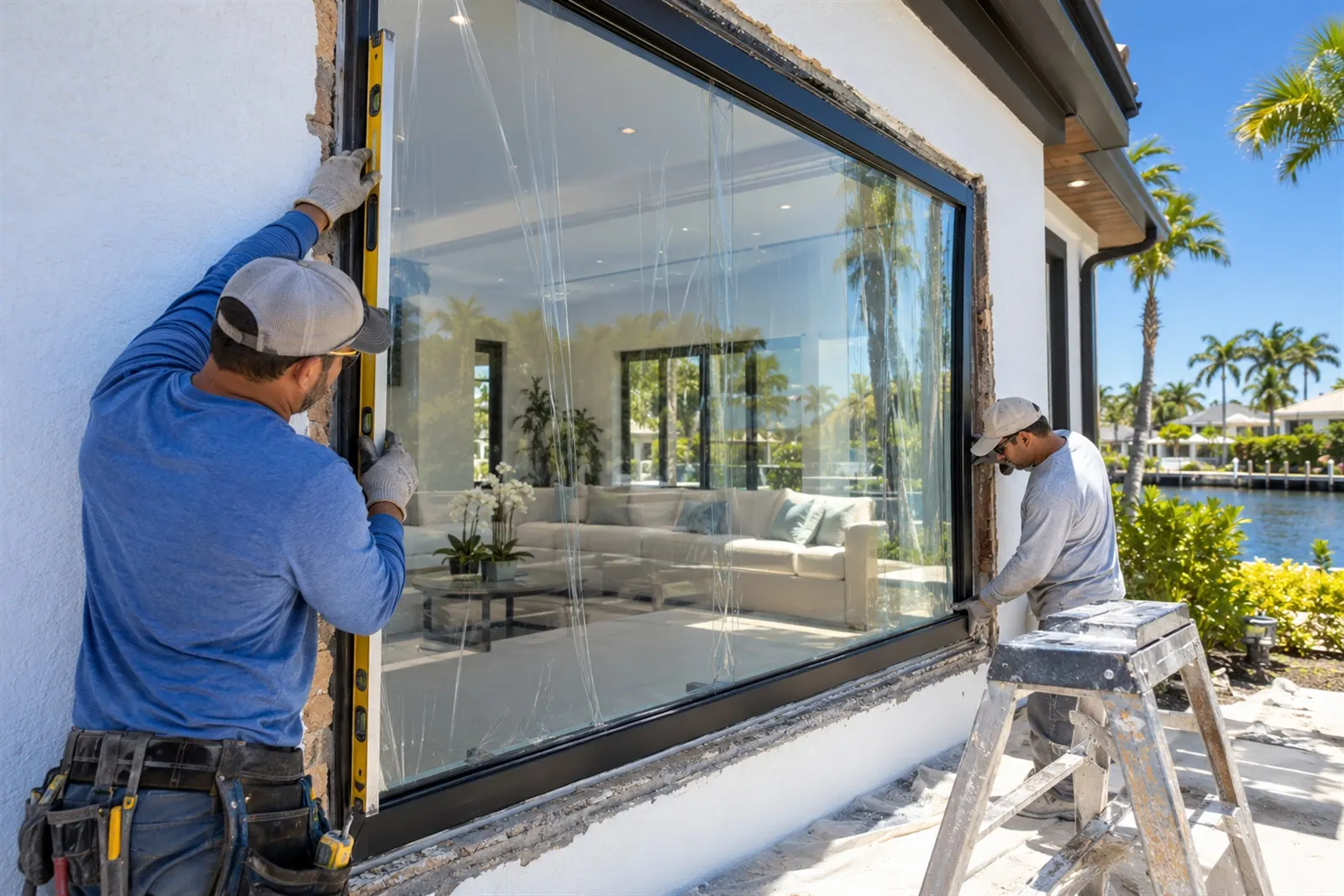 Two installers setting a large impact window into a stucco wall